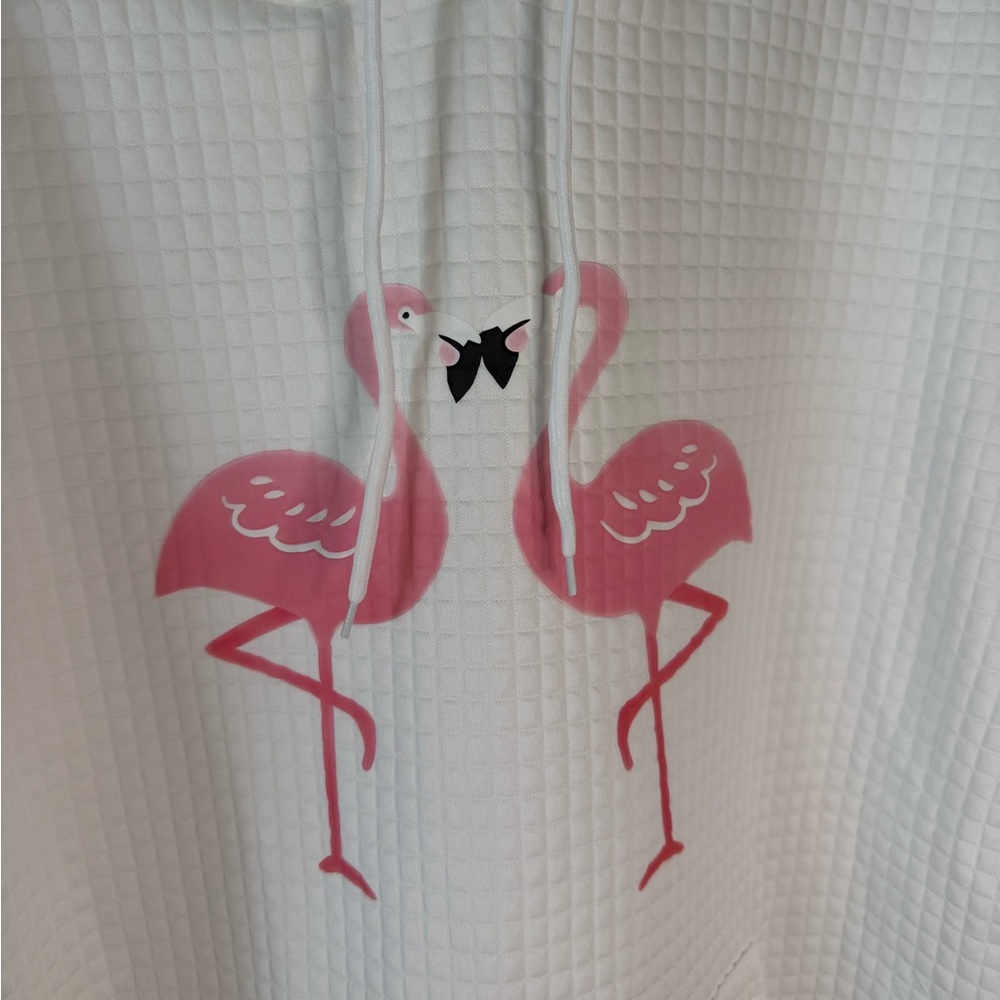 NWOT White Waffle-Knit Hoodie with Pink Flamingo Graphic - Picture 4 of 6
